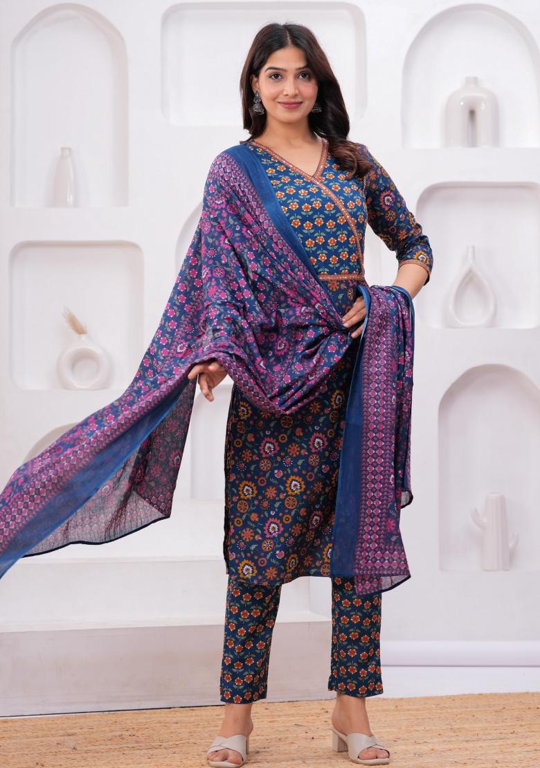 Blue Printed Cotton Kurta Set - Indya