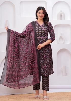 Wine Printed Cotton Kurta Set