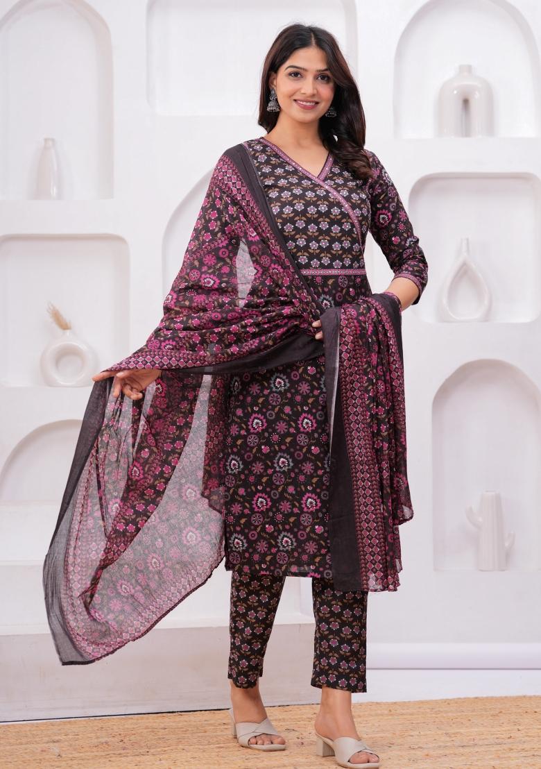 Wine Printed Cotton Kurta Set - Indya