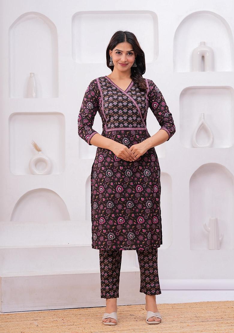 Wine Printed Cotton Kurta Set - Indya
