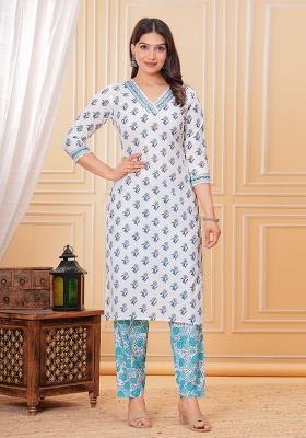 Blue Printed Cotton Kurta Set