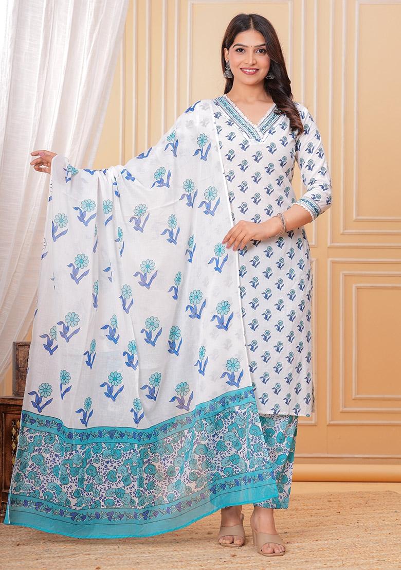 Blue Printed Cotton Kurta Set - Indya