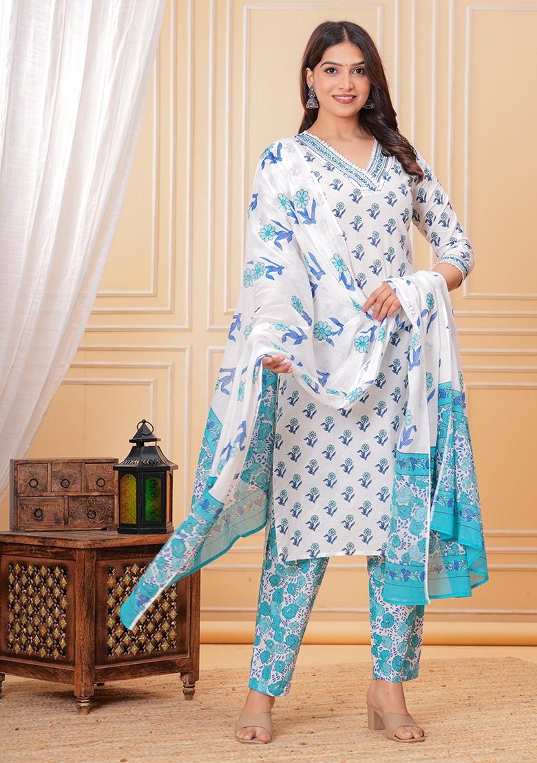 Blue Printed Cotton Kurta Set - Indya
