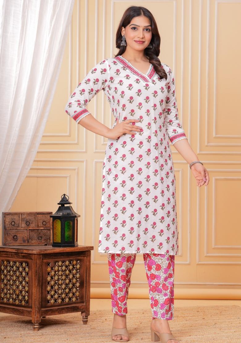 Pink Printed Cotton Kurta Set - Indya