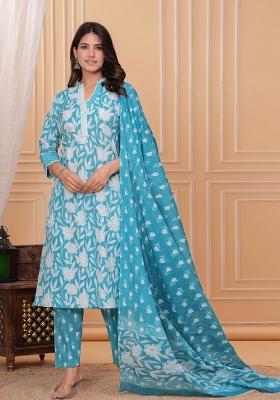 Blue Printed Cotton Kurta Set