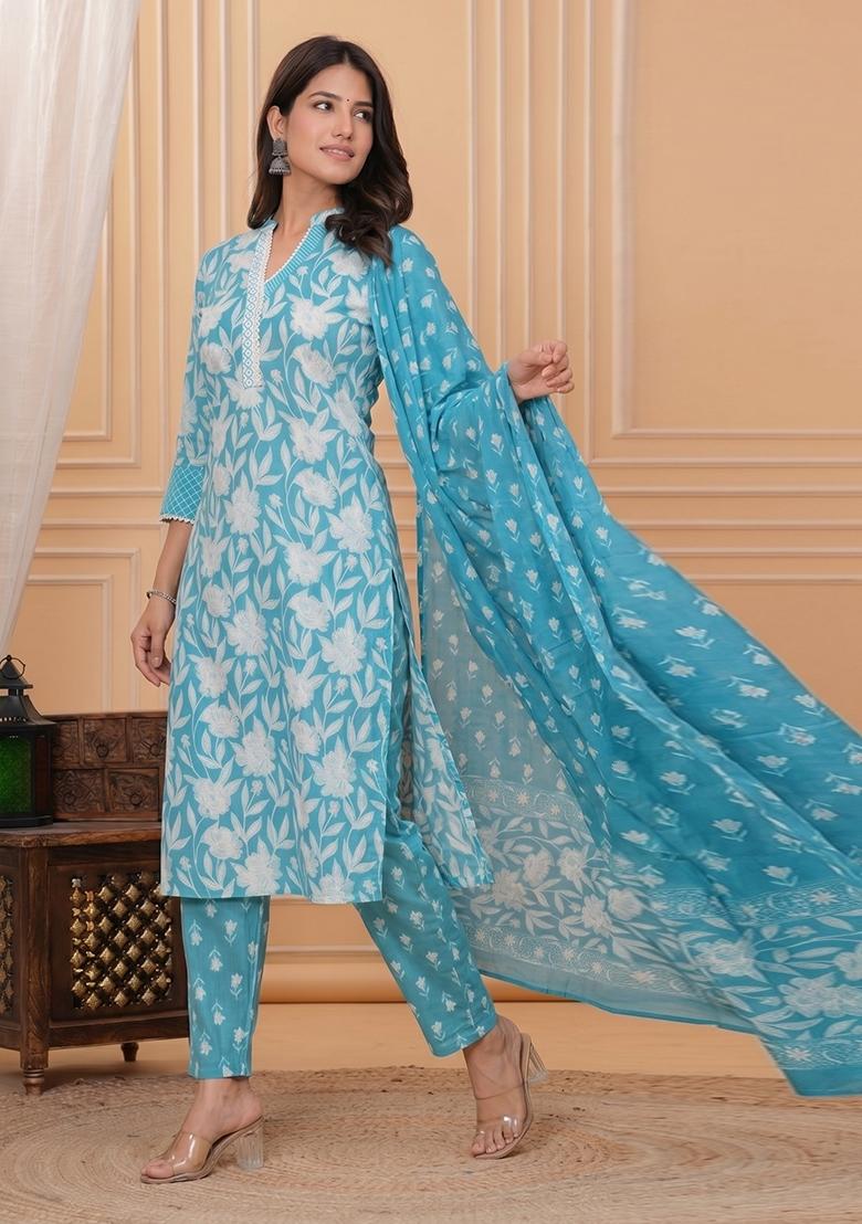 Blue Printed Cotton Kurta Set - Indya