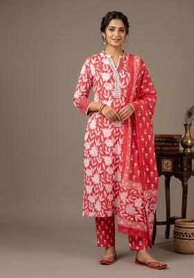 Red Printed Cotton Kurta Set