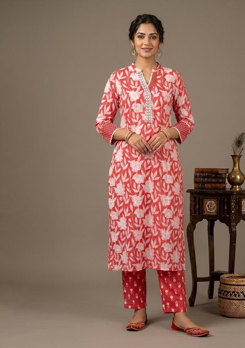 Red Printed Cotton Kurta Set - Indya
