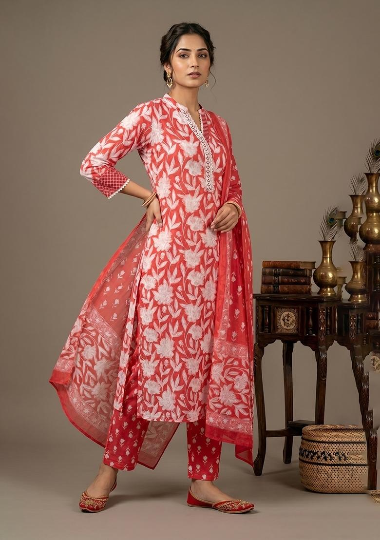 Red Printed Cotton Kurta Set - Indya