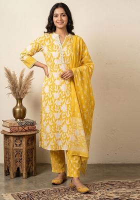 Yellow Printed Cotton Kurta Set