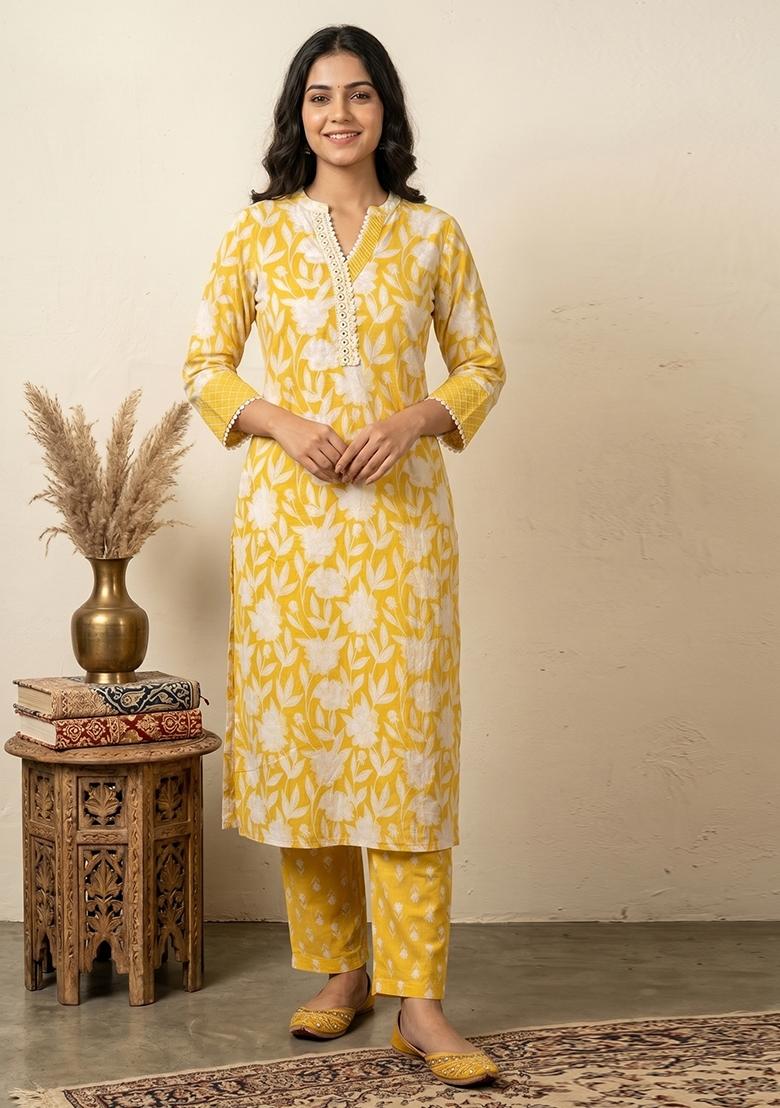 Yellow Printed Cotton Kurta Set - Indya