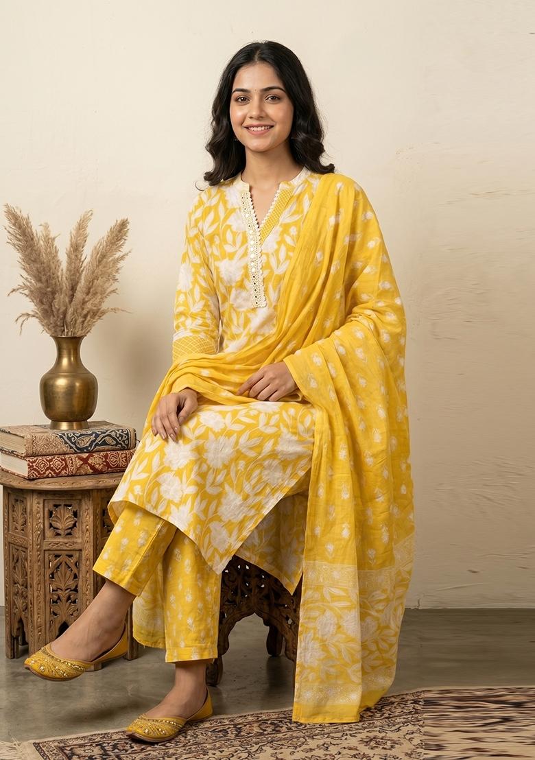 Yellow Printed Cotton Kurta Set - Indya