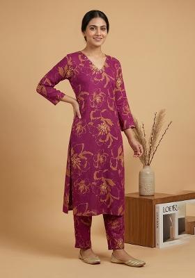 Wine Printed Rayon Co Ords Set