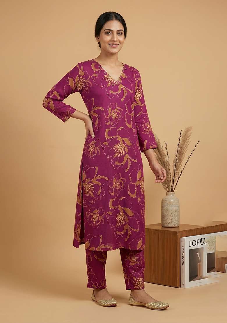Wine Printed Rayon Co Ords Set - Indya