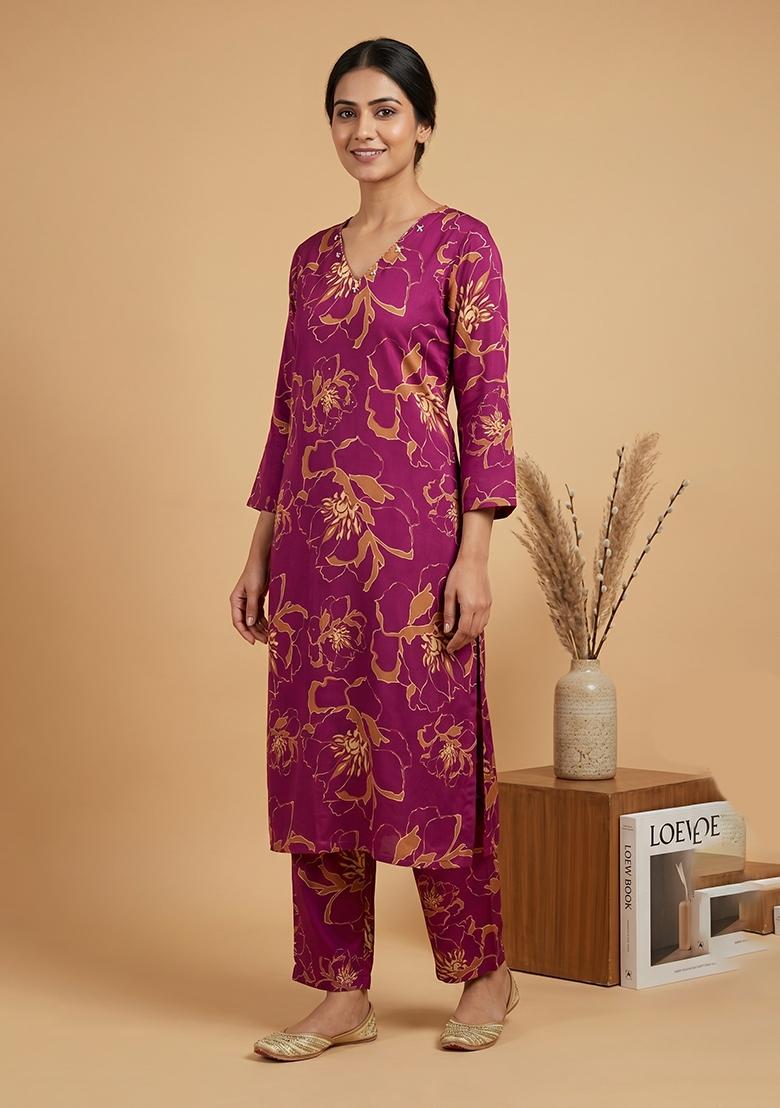Wine Printed Rayon Co Ords Set - Indya