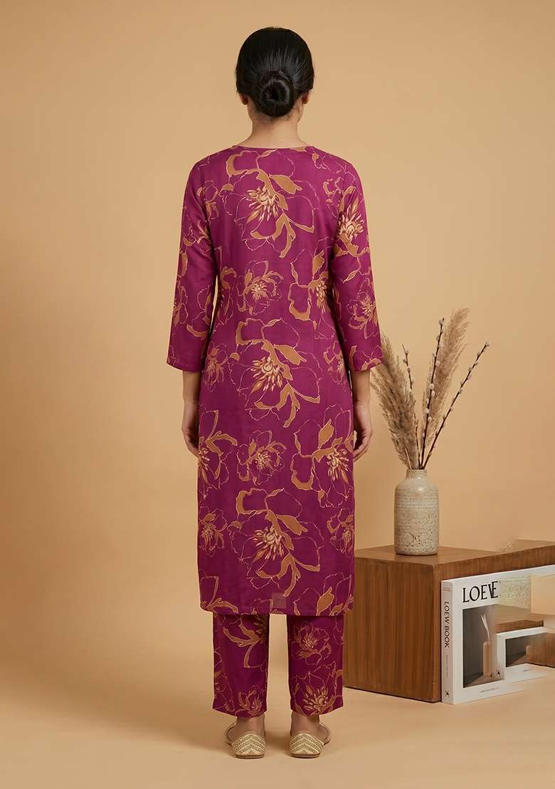 Wine Printed Rayon Co Ords Set - Indya