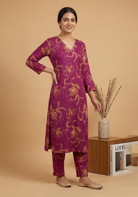 Wine Printed Rayon Co Ords Set