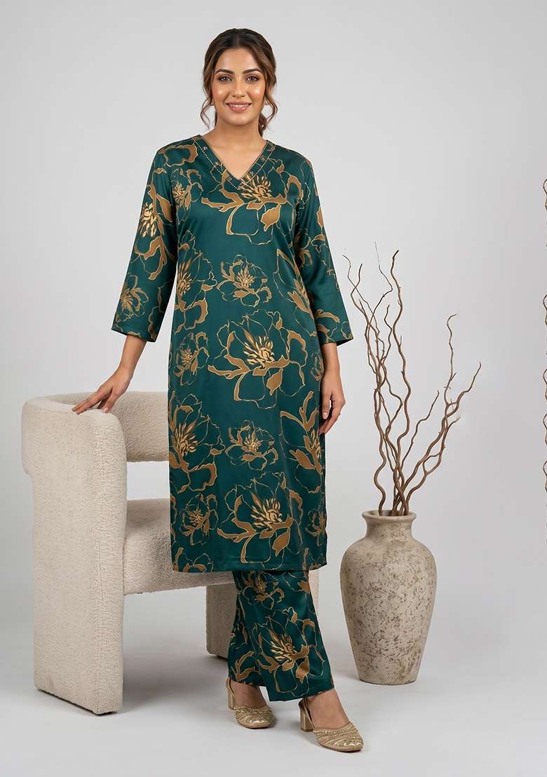 Green Printed Rayon Co Ords Set - Indya