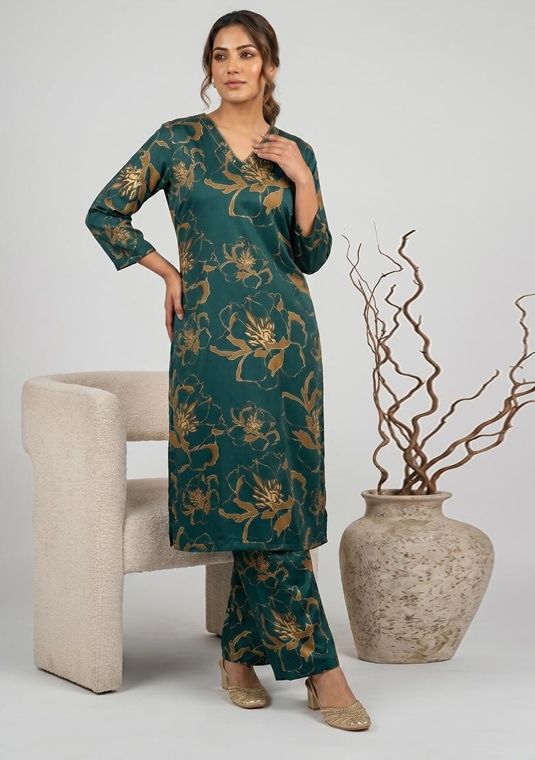 Green Printed Rayon Co Ords Set - Indya