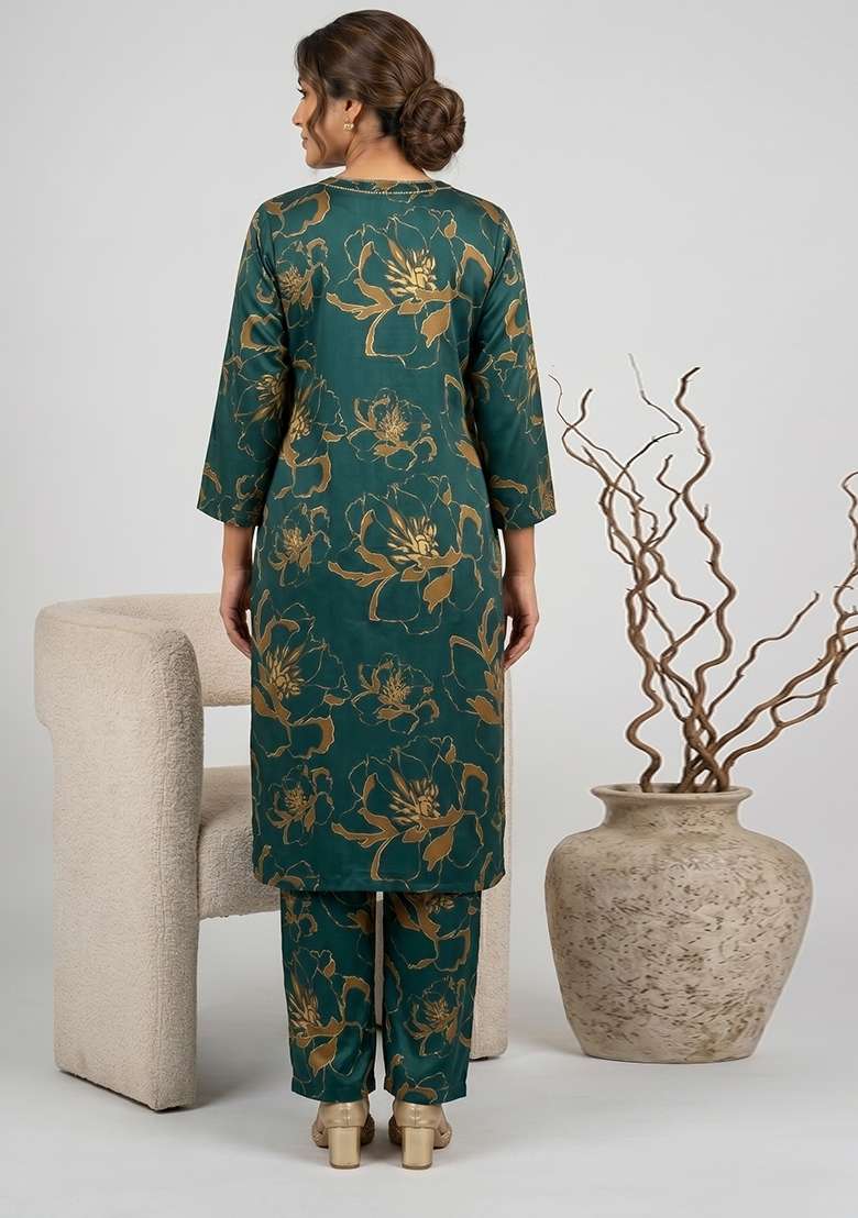 Green Printed Rayon Co Ords Set - Indya