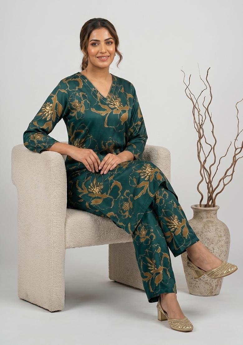 Green Printed Rayon Co Ords Set - Indya