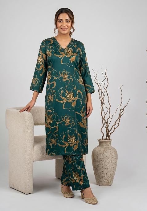 Green Printed Rayon Co Ords Set