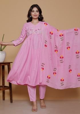 Pink Embroidered Rayon Kurti Set