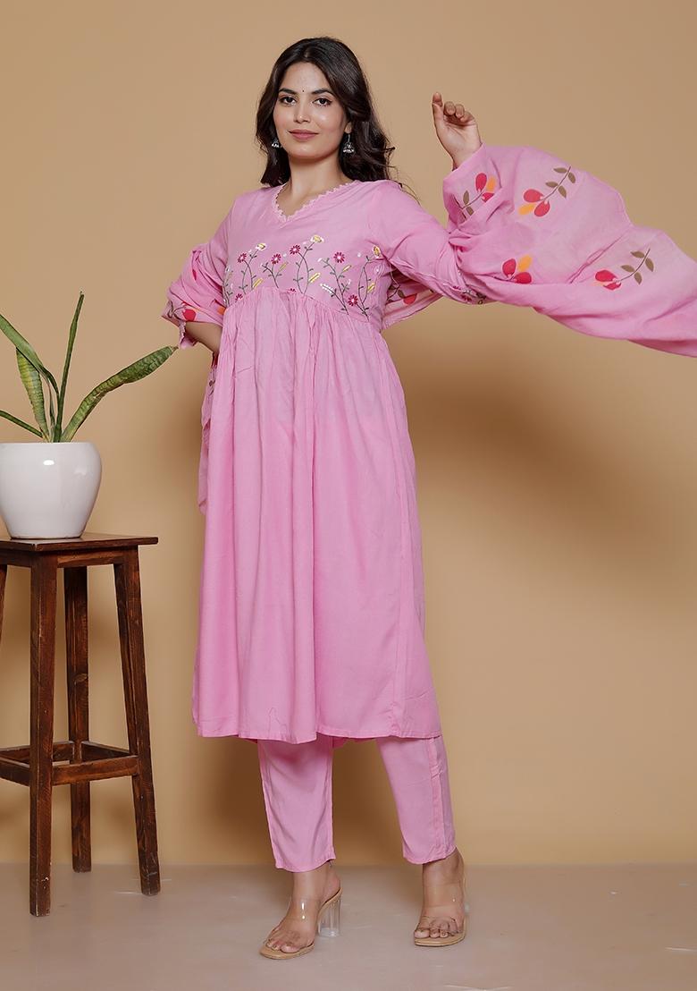 Pink Embroidered Rayon Kurti Set - Indya
