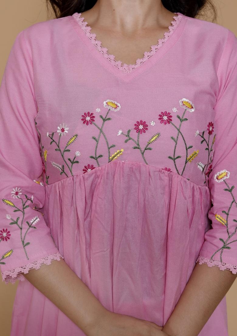 Pink Embroidered Rayon Kurti Set - Indya