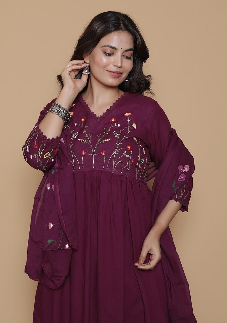 Maroon Embroidered Rayon Kurti Set - Indya