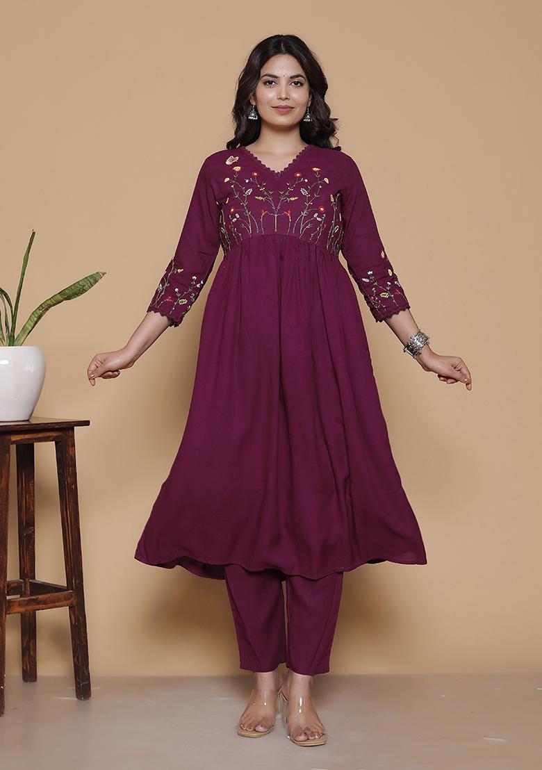 Maroon Embroidered Rayon Kurti Set - Indya