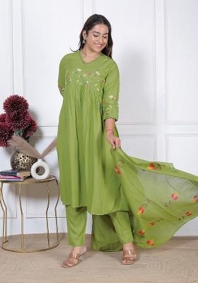 Green Embroidered Rayon Kurti Set