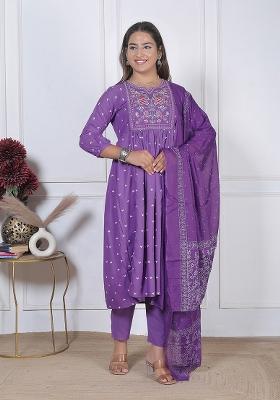 Purple Embroidered Rayon Kurti Set