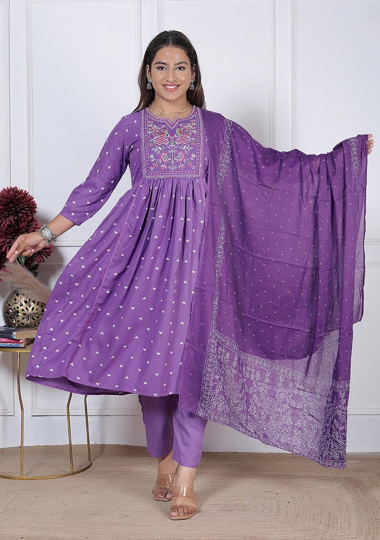 Purple Embroidered Rayon Kurti Set - Indya