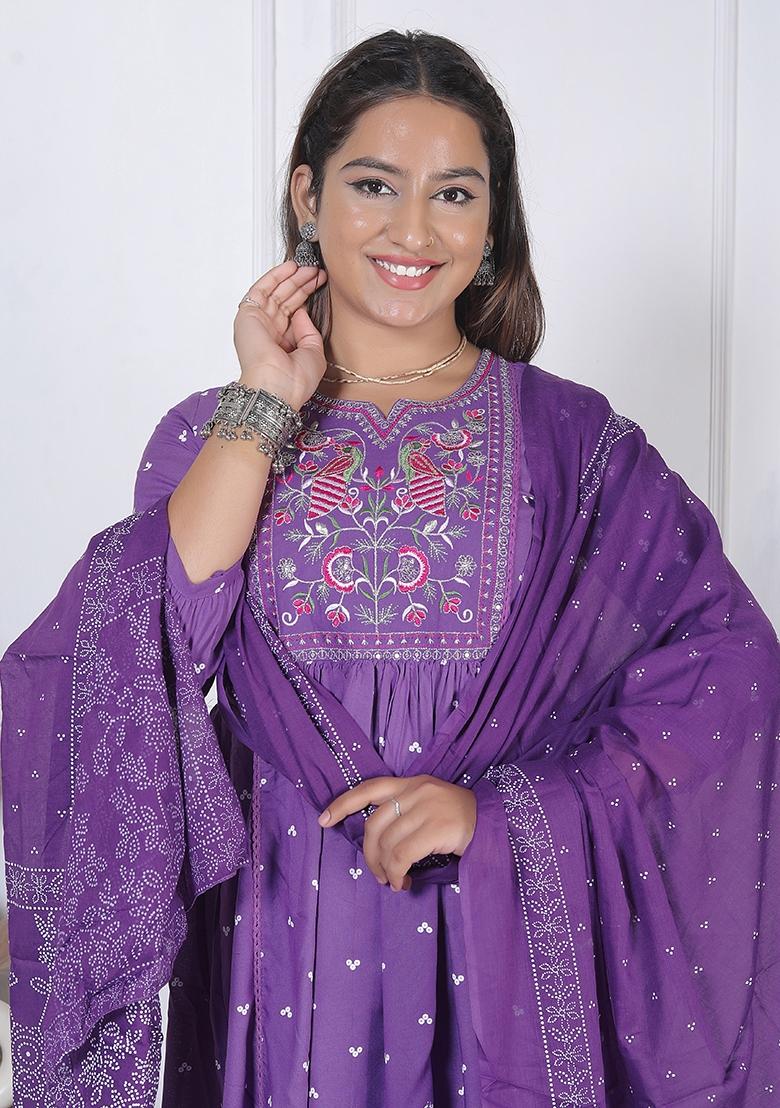 Purple Embroidered Rayon Kurti Set - Indya