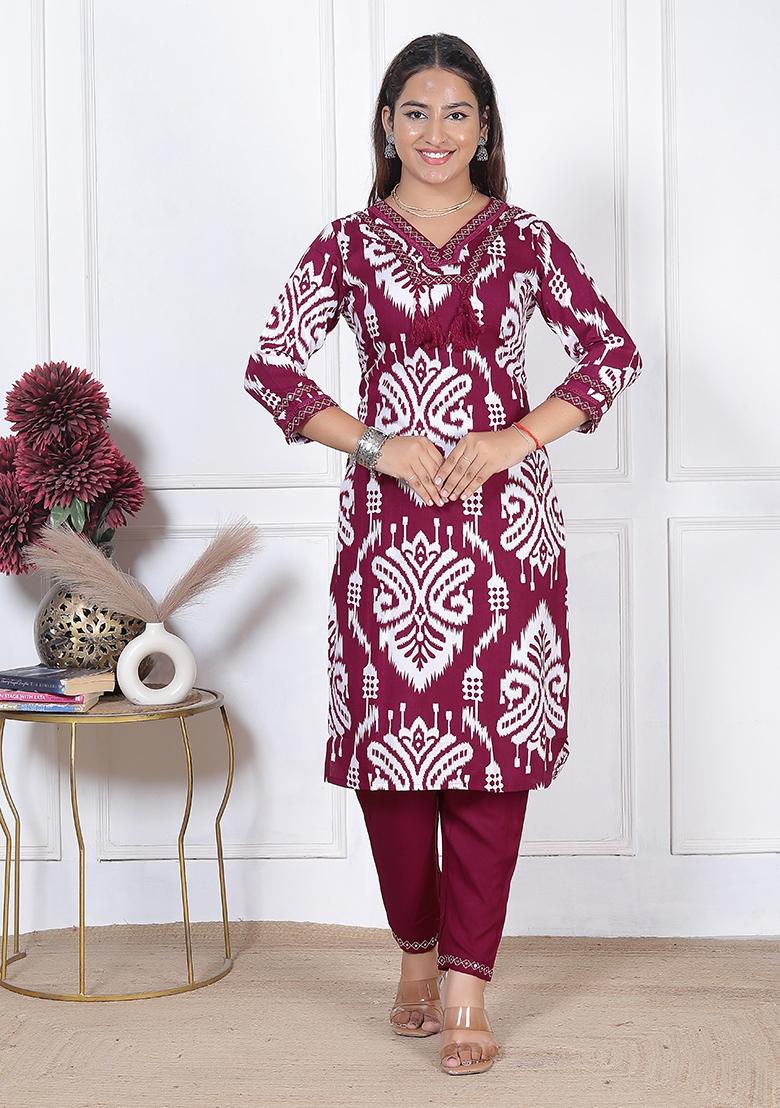 Maroon Printed Rayon Kurti Set - Indya