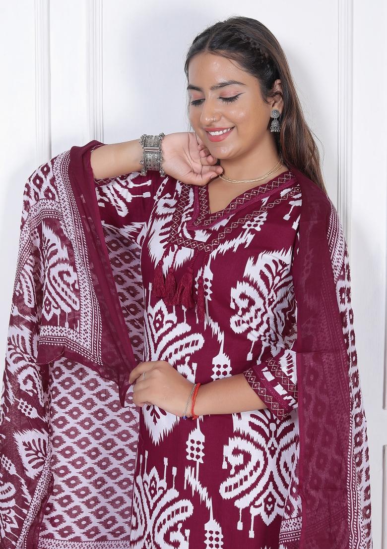 Maroon Printed Rayon Kurti Set - Indya