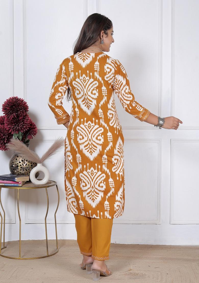 Yellow Printed Rayon Kurti Set - Indya
