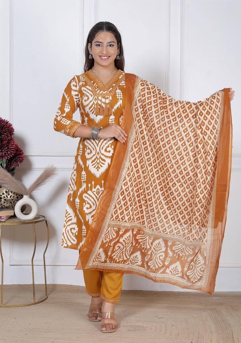 Yellow Printed Rayon Kurti Set - Indya