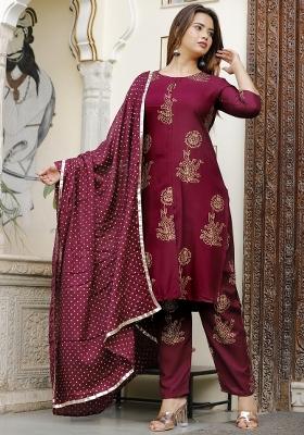 Wine Printed Rayon Kurti Set
