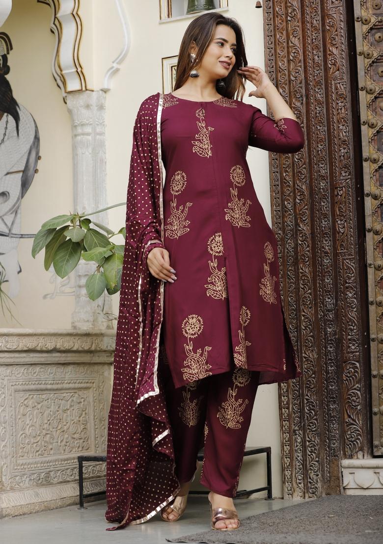 Wine Printed Rayon Kurti Set - Indya