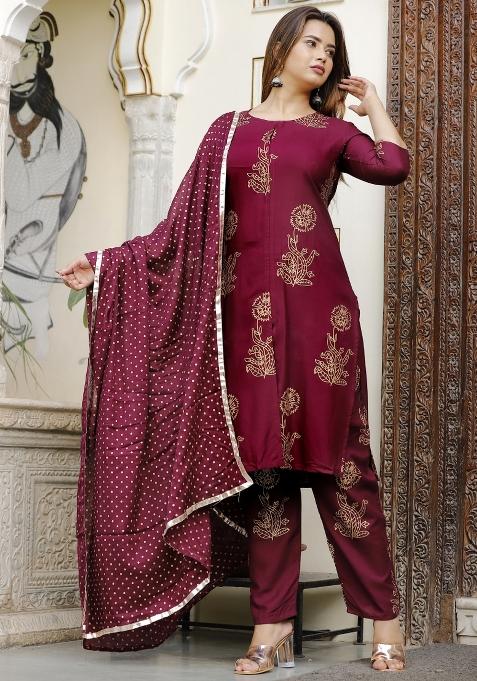 Wine Printed Rayon Kurti Set