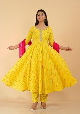 Yellow Leheriya Print Rayon Kurti Set