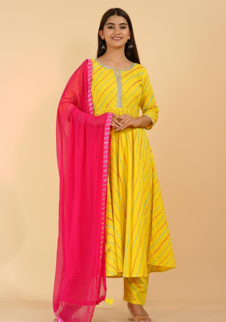 Yellow Leheriya Print Rayon Kurti Set - Indya
