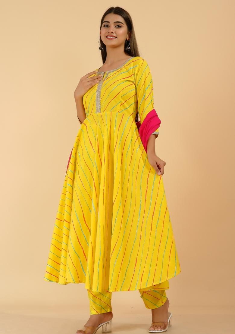 Yellow Leheriya Print Rayon Kurti Set - Indya