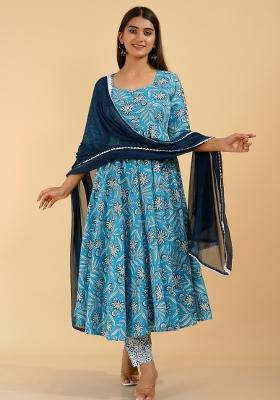 Blue Floral Print Rayon Kurti Set