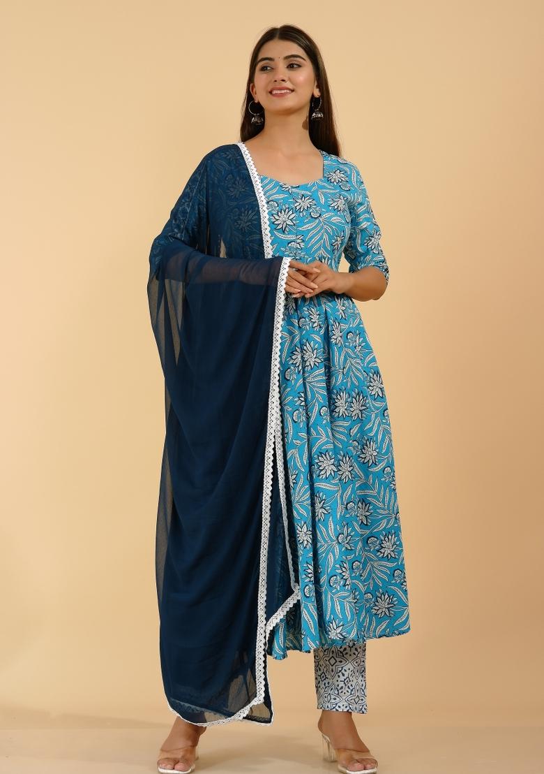 Blue Floral Print Rayon Kurti Set - Indya