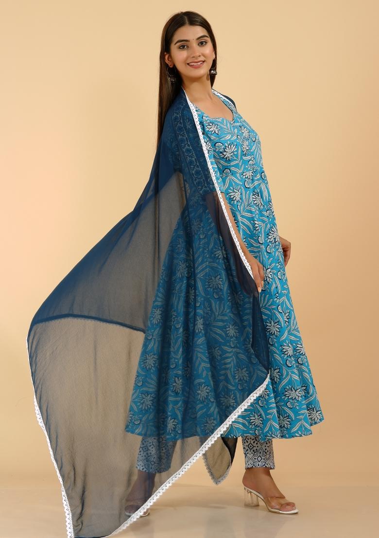 Blue Floral Print Rayon Kurti Set - Indya