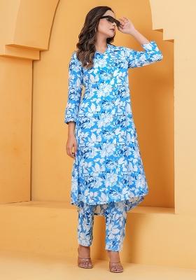 Blue Printed Rayon Kurti Set
