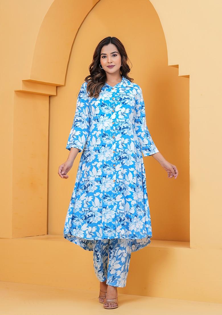Blue Printed Rayon Kurti Set - Indya